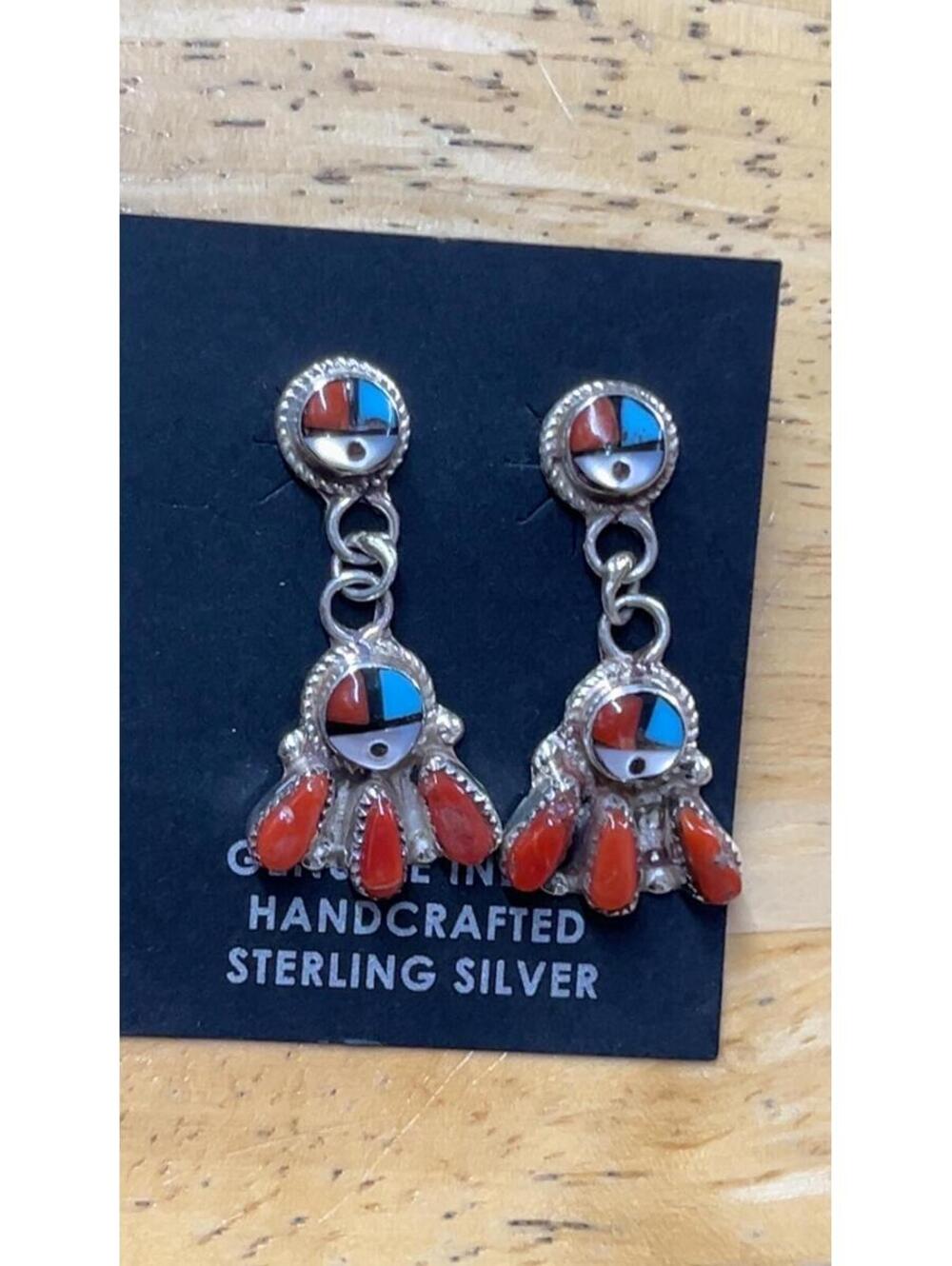 Zuni sterling silver turquoise, coral inlay traditional earrings sunface